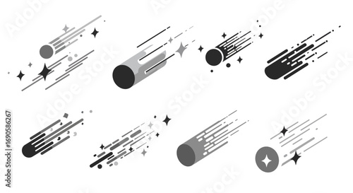 Set of monochrome meteors with motion trails and stars