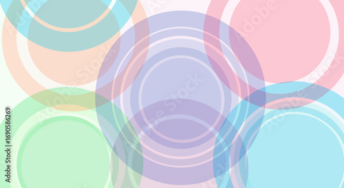 A modern abstract background featuring overlapping translucent circles and rings in a soft pastel color palette.