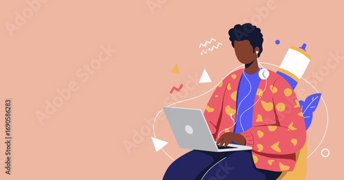 Young person with earphones actively working or studying on a laptop in a modern, creative digital environment. Ideal for remote work, online learning, or tech concepts.