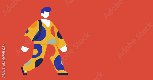 Stylized person in vibrant, polka-dot patterned clothing walks across a solid red background, representing modern individuality and movement.
