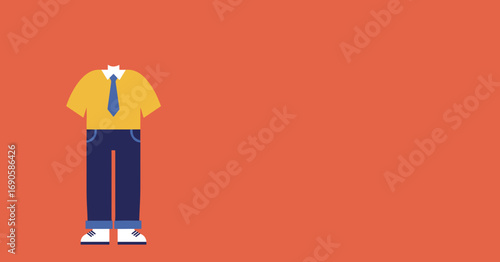Minimalist illustration of a yellow shirt, blue tie, jeans, and sneakers on an orange background, representing business casual attire or personal style.