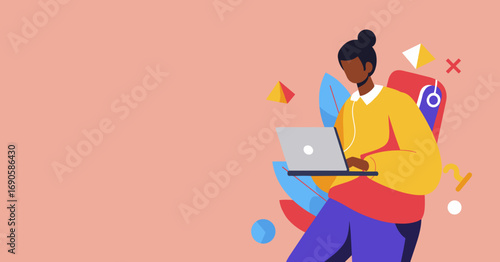Focused person in a modern illustration working remotely on a laptop. Ideal for themes of online education, business, and digital lifestyle.