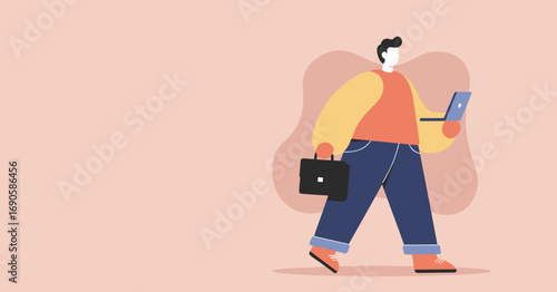 Stylized illustration of a professional person walking, carrying a briefcase and laptop. Represents modern business, remote work, or daily commute.