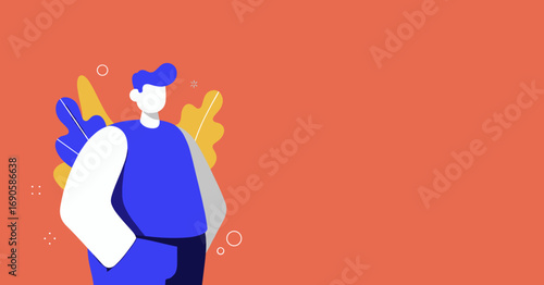 Modern flat illustration of a confident man with abstract plants and geometric shapes on a vibrant background. Ideal for business, technology, or lifestyle designs.