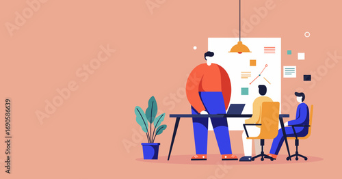 Three business people collaborate in a modern office, analyzing data on a whiteboard during a meeting. Illustrates teamwork, strategy, and professional discussion.