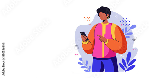Modern person using a smartphone, pointing to an interactive screen. Ideal for digital communication, mobile app concepts, and technology advertising.
