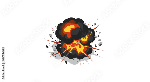 Dynamic explosion with debris and flames on white background