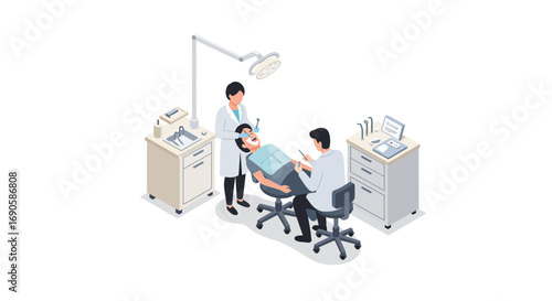 Isometric dental clinic scene with professional team and patient