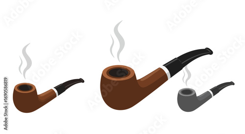 Isometric smoking pipe collection with steam on white background