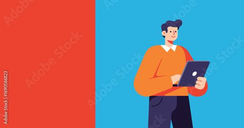 Smiling man uses a digital tablet, representing modern communication, productivity, and digital lifestyle. Ideal for technology, business, or education concepts.