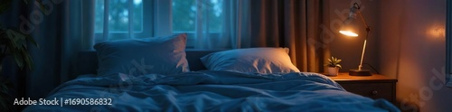 Serene night scene featuring a softly lit bedroom with a comfortable bed, ready for a peaceful slumber Perfect for relaxation and sleep-related content , twilight, luxury