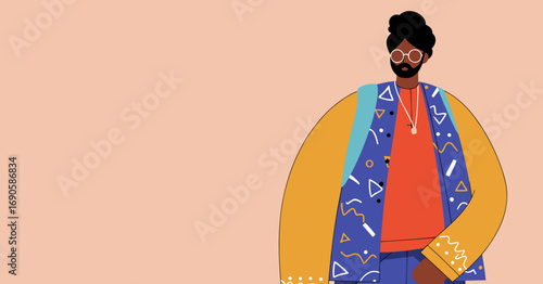 Stylized, confident man with beard and bun, wearing a vibrant patterned jacket and round glasses. Modern illustration for diverse lifestyle, fashion, and individual expression.