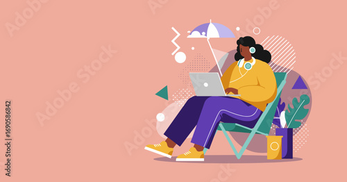 Professional woman working remotely on laptop from a relaxed outdoor setting under an umbrella. Ideal for remote work, lifestyle, or business concepts.