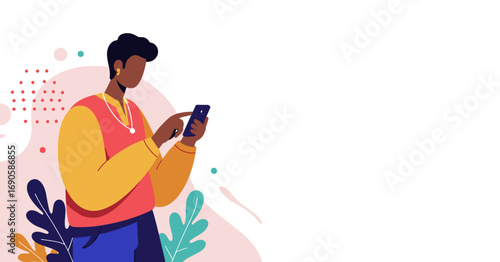 Illustrated person using a smartphone, symbolizing digital connectivity, online communication, and modern lifestyle or business. Ample copy space.