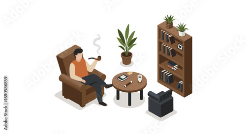 Cozy reading nook with man relaxing and smoking pipe
