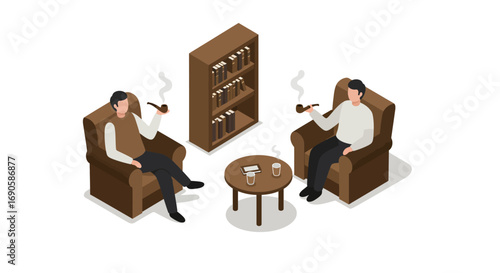 Cozy discussion: two men smoking pipes in an isometric room setting