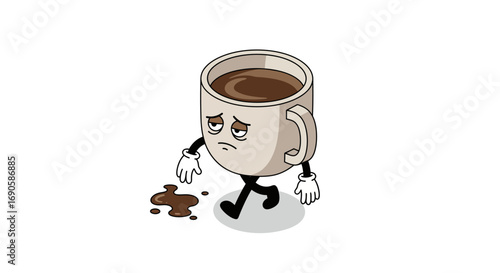 Sleepy coffee cup character walking with droplet trail in cartoon style
