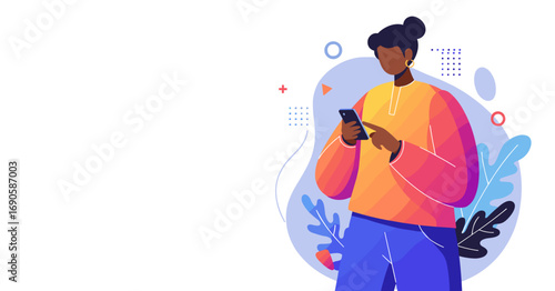 Modern illustration of a woman using a smartphone, symbolizing digital communication, online engagement, and mobile lifestyle. Perfect for technology and business concepts.
