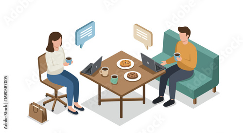 Isometric office coffee chat with laptops, coffee cups, and speech bubbles