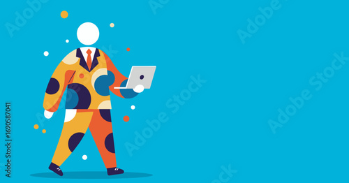 Vibrant, abstract businessman walking with a laptop, symbolizing digital innovation, forward progress, and dynamic business solutions on a bright blue background.