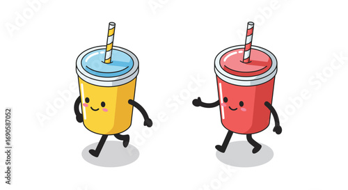 Cartoon beverage cups with smiling faces and straws walking happily