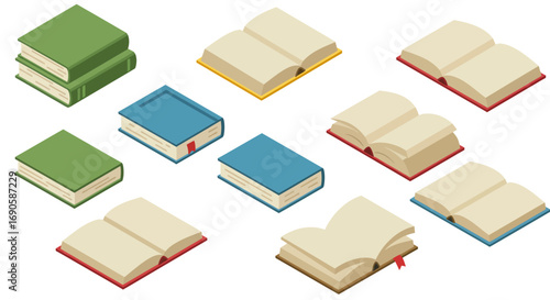 Diverse collection of books in isometric style with open and closed variations