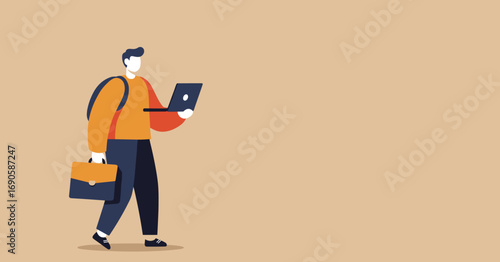 A modern illustration of a person carrying a laptop and briefcase, representing mobile work, education, or business on the go. Ideal for concepts like remote productivity and flexible lifestyles.