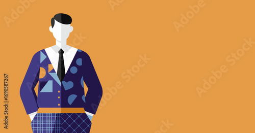 Flat design illustration of a professional man in a stylish, patterned suit standing against an orange background. Represents individuality and modern business concepts.