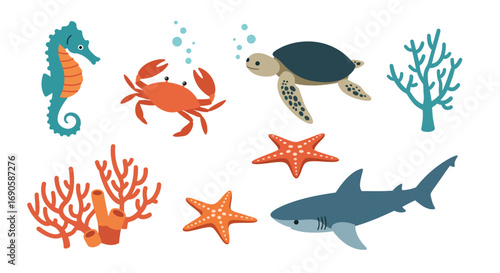 Marine life collection: seahorse, crab, turtle, shark, coral, and starfish in flat design