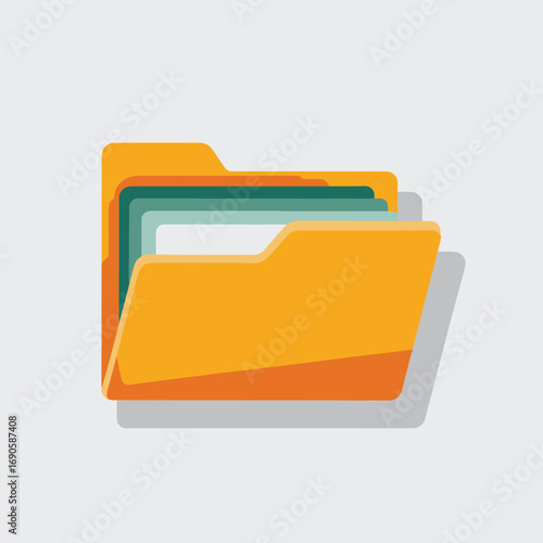 Stack of colorful folders with documents and long shadow on white icon paper