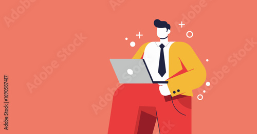 Professional man focused on his laptop, representing online work, digital communication, business, and technology in a modern flat design.