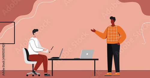 Two male colleagues collaborating in a modern office, discussing a project at a desk with laptops. Ideal for business, teamwork, communication, and contemporary workspace concepts.