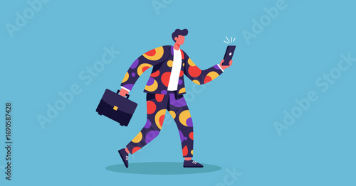 Modern man in a vibrant suit walks, focused on his smartphone, carrying a briefcase. Illustrates contemporary business, digital connectivity, and tech-driven lifestyle.