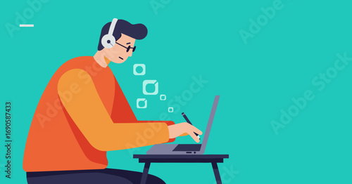 Focused person with headphones and glasses works on a laptop with a stylus. Represents remote work, digital creation, online learning, and productivity concepts.