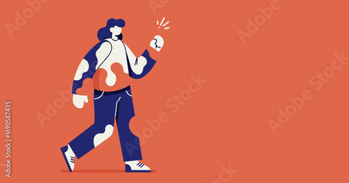 Stylized illustration of a person walking with a new idea or thought, represented by a spark. Ideal for business concepts, innovation, and creative solutions.