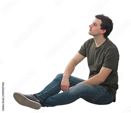 Side view relaxed man sitting on the floor looking contented and thoughtful. Smart and ingenious guy thinking of new ideas as the way to success, isolated on transparent background