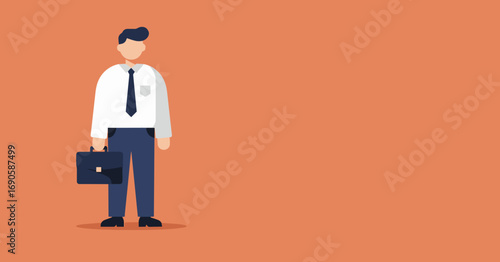 Professional businessman illustration with briefcase on orange background, representing career, corporate success, employment, and professional development.