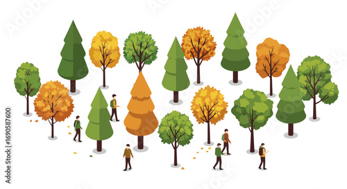 Isometric autumn park scene with walking people among colorful trees
