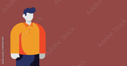 Minimalist vector illustration of a man with an orange shirt and blue pants on a reddish background. Ideal for user profiles, business, or lifestyle concepts.