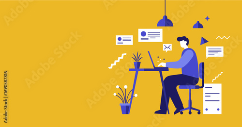 Illustrated man works on a laptop at a desk in a modern workspace, symbolizing remote work, online learning, and digital productivity for business and lifestyle.
