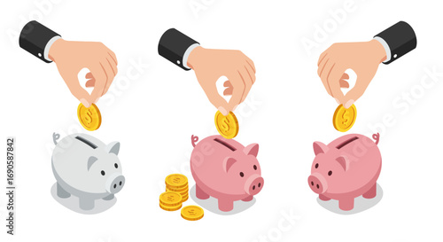 Isometric hands depositing coins into piggy banks with coin stacks