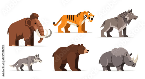 Collection of prehistoric animals and extinct mammals illustration.