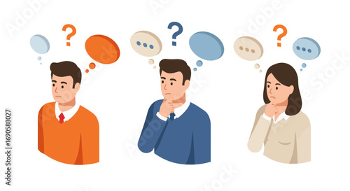 Isometric people contemplating with speech bubbles and question marks