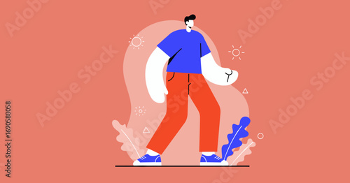 Modern flat design illustration of a person walking, representing movement, progress, and a relaxed lifestyle. Ideal for business, health, or leisure concepts.