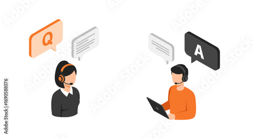 Isometric customer support team with speech bubbles and headsets