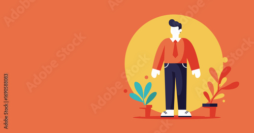 Stylized illustration of a confident man in business attire, standing beside plants, representing career growth and a positive work environment.