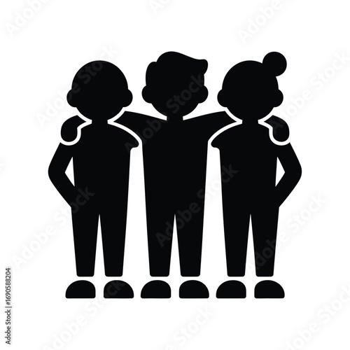 Three friends embracing with arms around shoulders on white background friendship