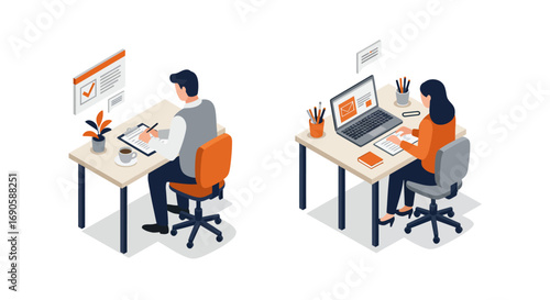Office workers in isometric style using laptops and writing at desks with office supplies