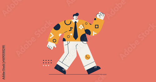 Stylized illustration of a confident businessman walking purposefully, representing success, achievement, and forward movement in business or life.
