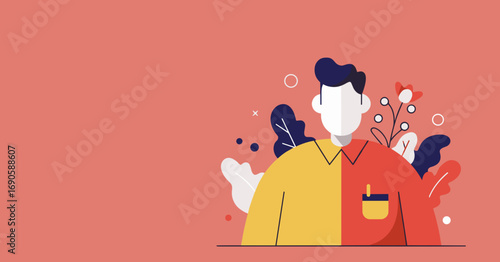 An abstract flat illustration features a man with a dual-colored shirt, representing contrasting personalities or choices on a warm background.